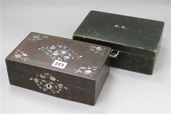 A Morocco leather jewellery box and a papier mache box